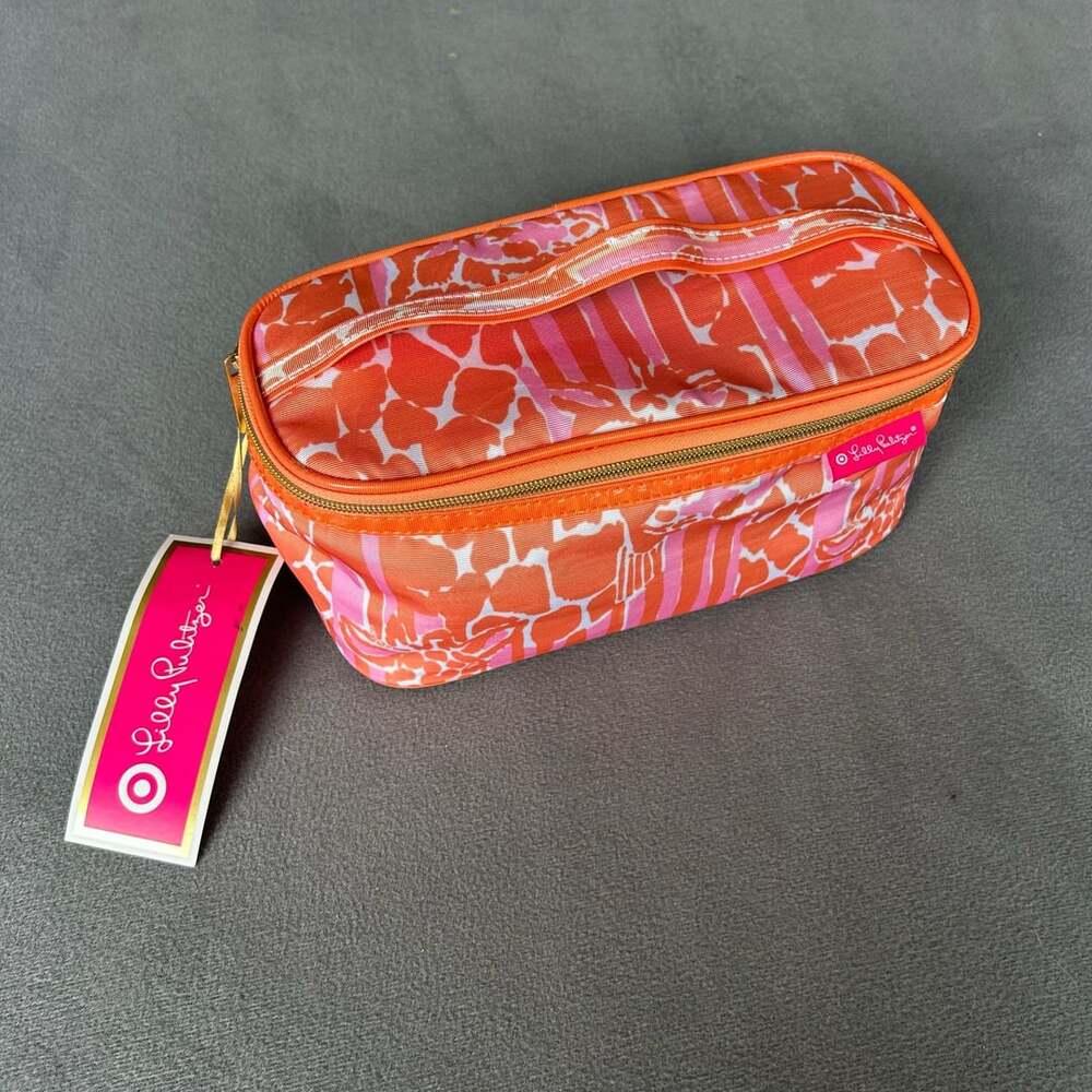 Lilly Pulitzer  Cosmetic Case Makeup Pouch Bag Palm Beach Orange Pink